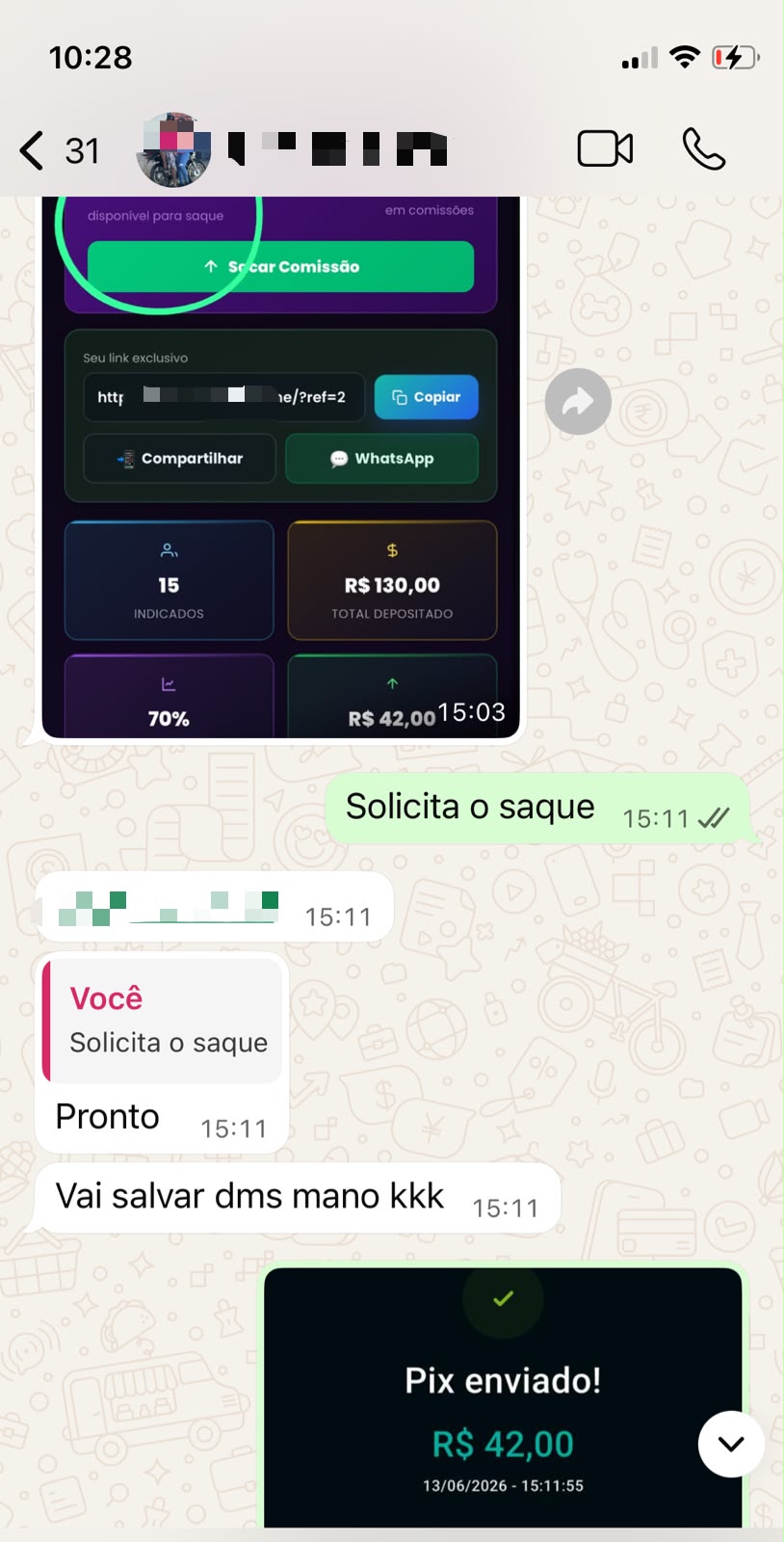Conversa mostrando Pix enviado no valor de 42 reais