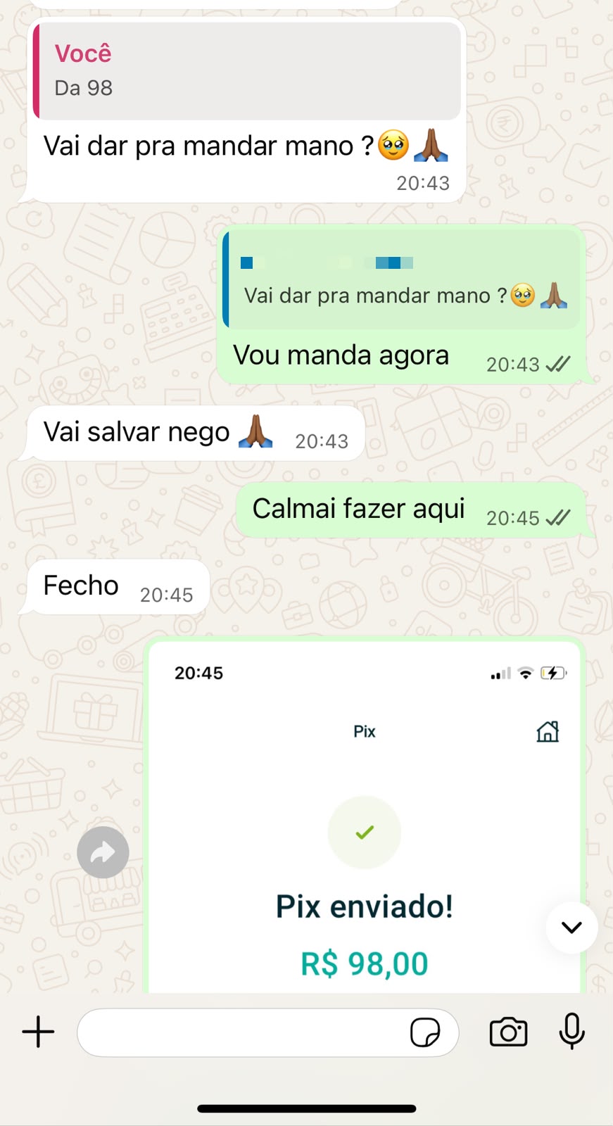 Conversa mostrando Pix enviado no valor de 98 reais
